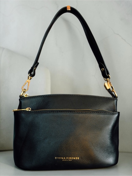 Divina Firenze Handbags - Divina Firenze Lilla Triple-Zip Black Italian Pebbled Leather Shoulder Bag.